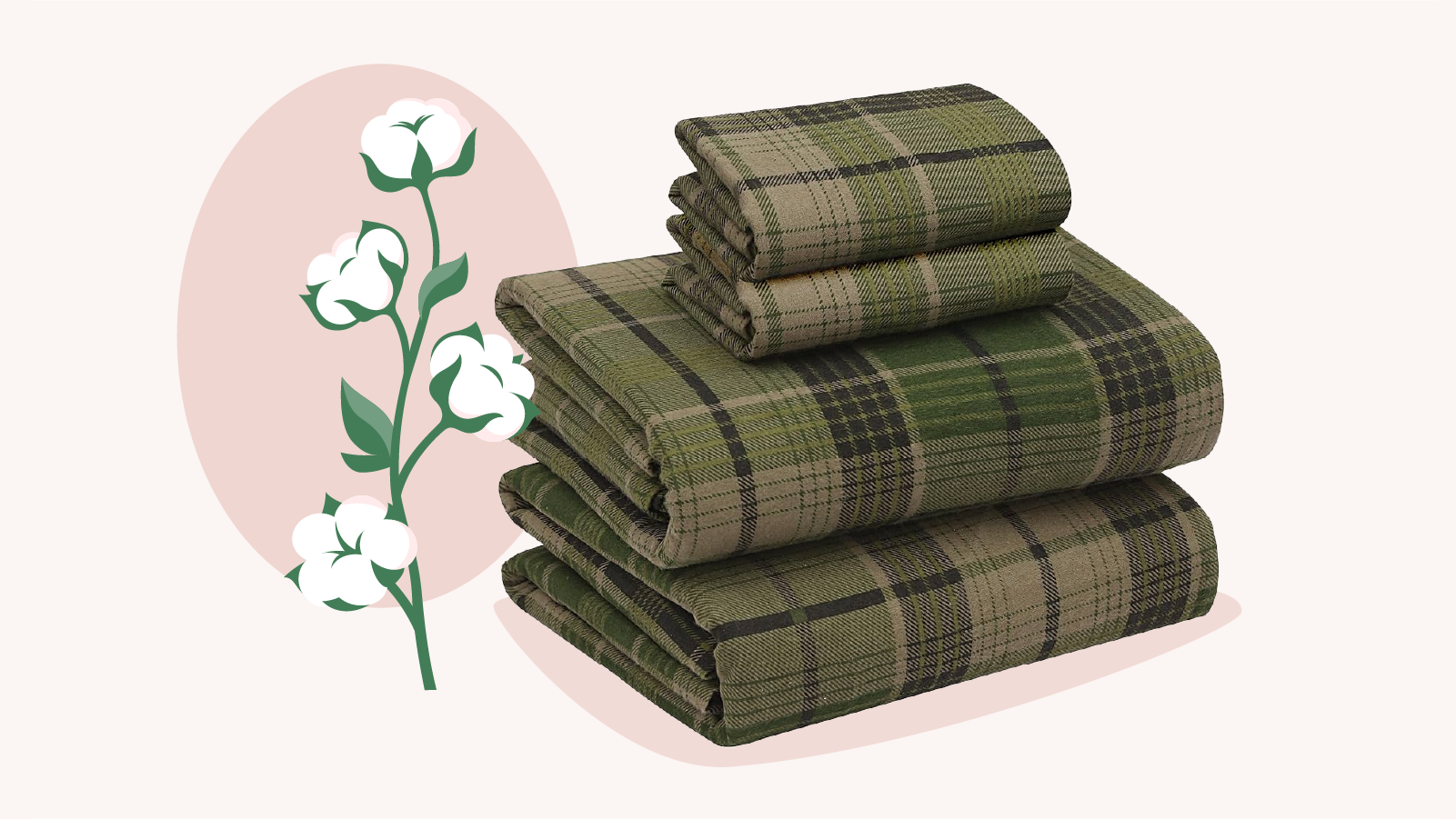 photo of flannel sheets with illustration of cotton plant to the left