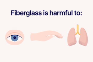 graphic showcasing the body parts which fiberglass is harmful to including eyes hands and lungs