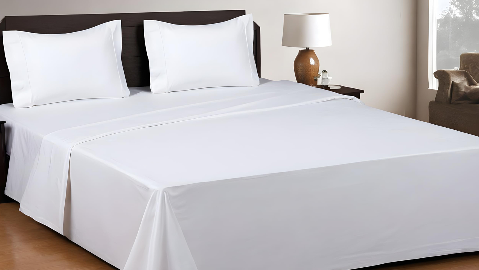 Image of a nicely made bed with a flat aka top sheet laying overtop