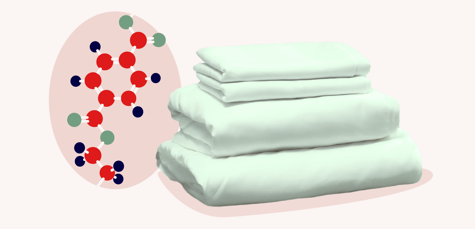 photo of polyester sheets with illustration of its chemical composition to the left