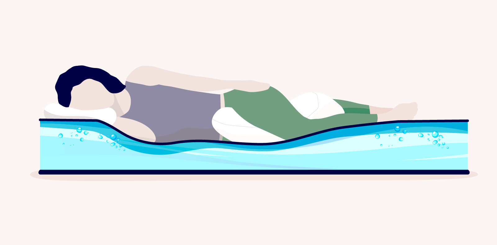 An illustration of a woman sleeping on a waterbed