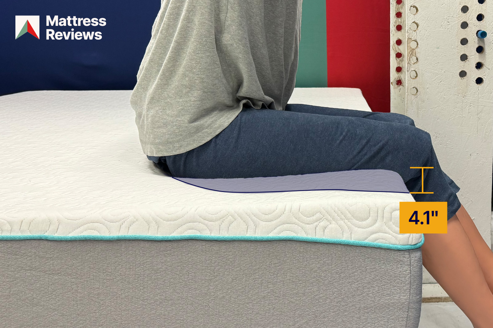 Photo of the Bloom Air mattress showing a dummy sitting on the edge showing an edge support deflection of 41