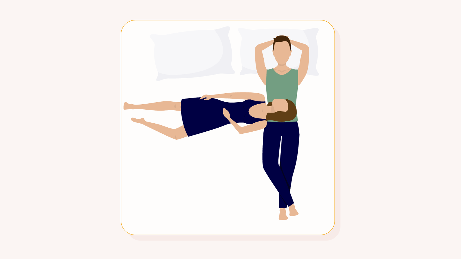 Head on Tummy cuddle position one person is lying on their back on a mattress while their partner is lying perpendicularly with their head on their partner's stomach