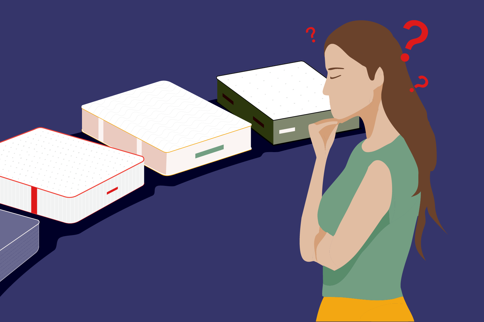 how to choose a mattress illustration of a woman choosing between different mattresses