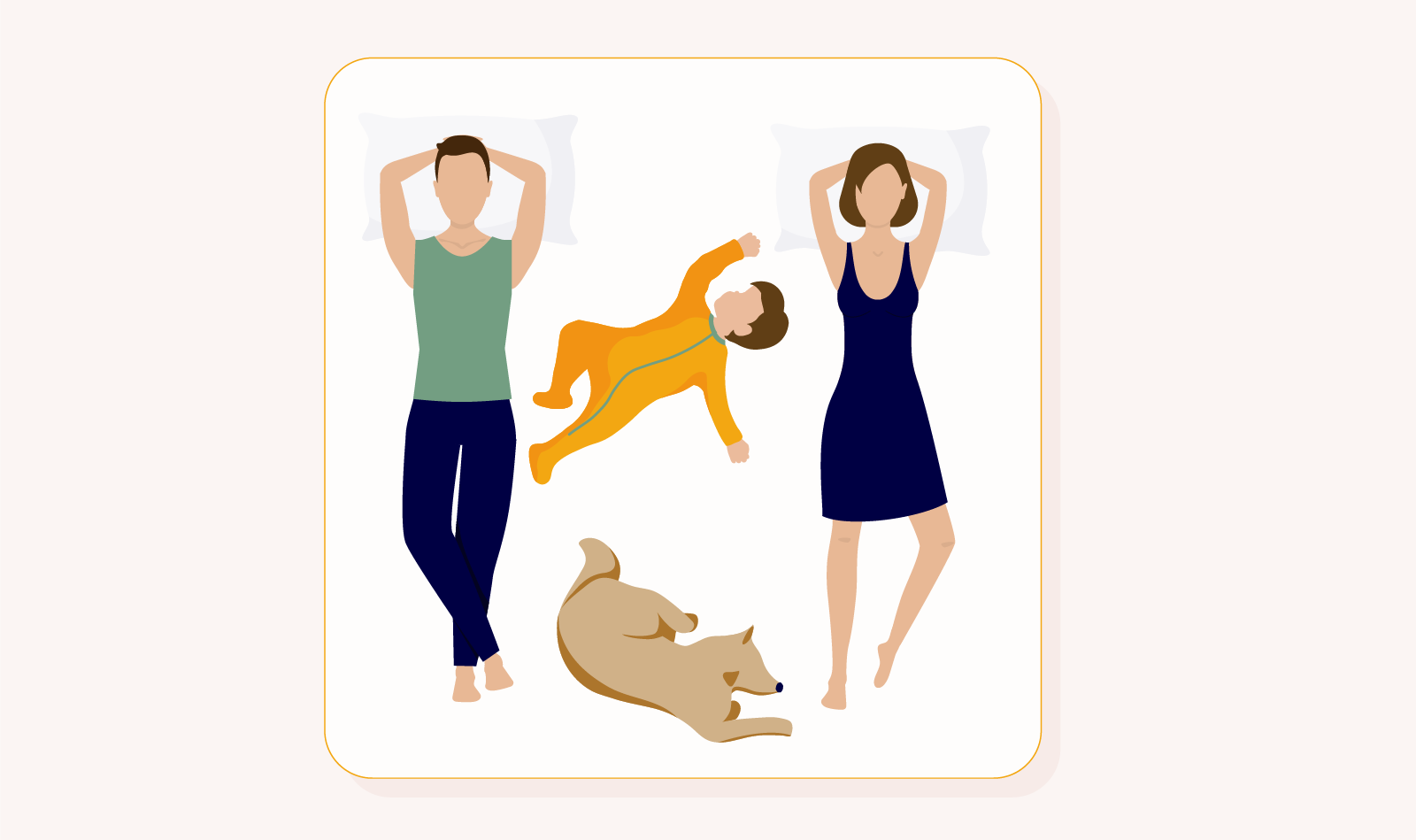 how often to wash your sheets illustration of a couple their baby and their dog laying on a king sized mattress