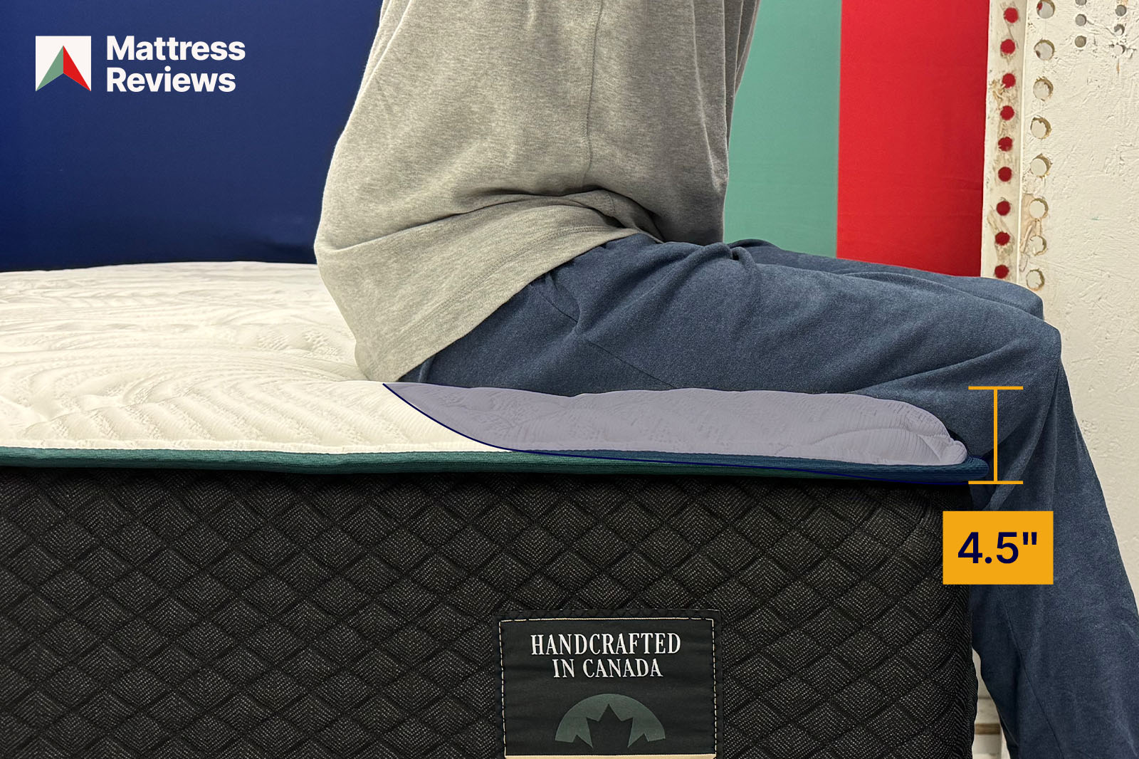 photo of a mannequin sitting on the edge of a Logan Cove Choice mattress to represent edge support