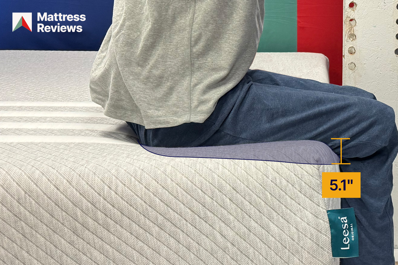 Image of a mannequin sitting on the edge of the Leesa Original mattress leaving an impression that indicates the amount of edge support