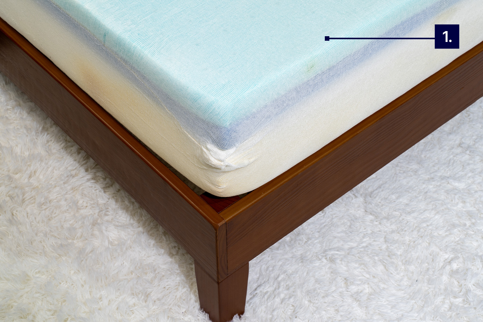 photo of the Casper Element mattress taken from a top front corner angle with labels to demonstrate its cooling features