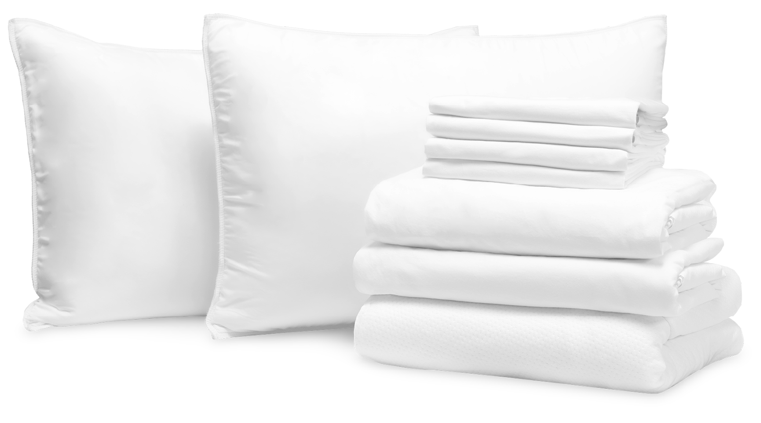 Photo of a sleep bundle that includes pillows a mattress protector pillow protectors and sheets