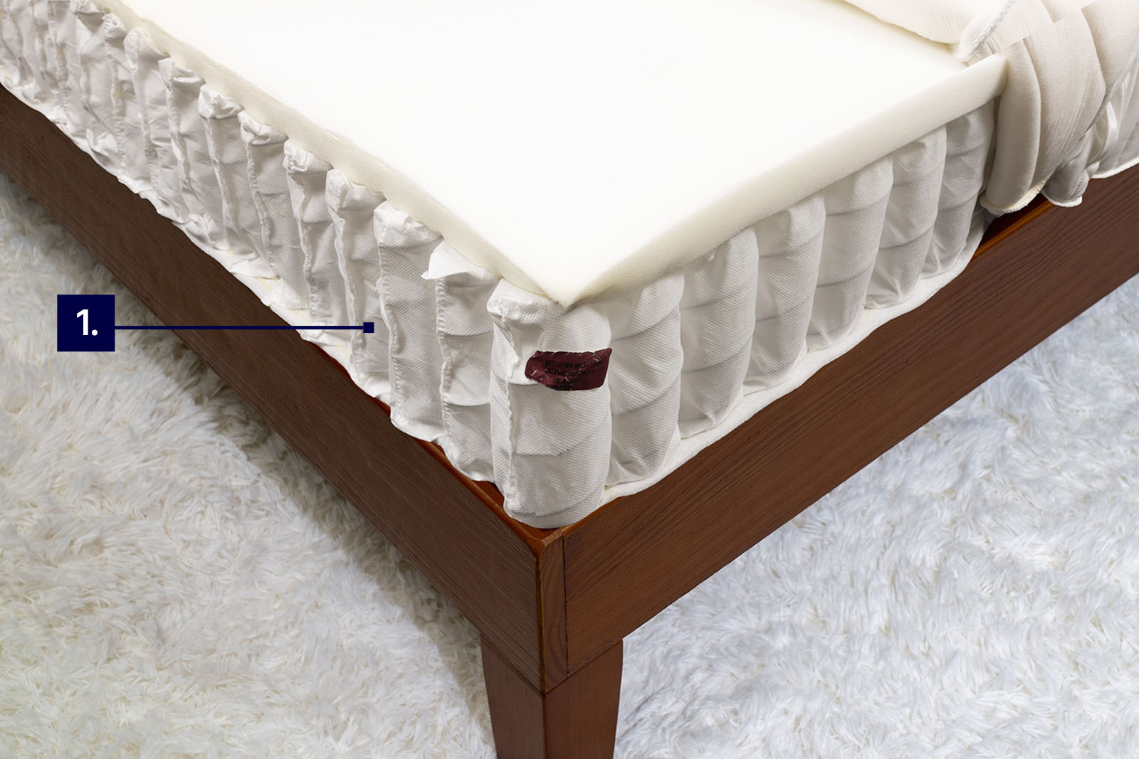 photo of the IKEA Valevag mattress taken from a top front corner angle with labels to demonstrate its cooling features