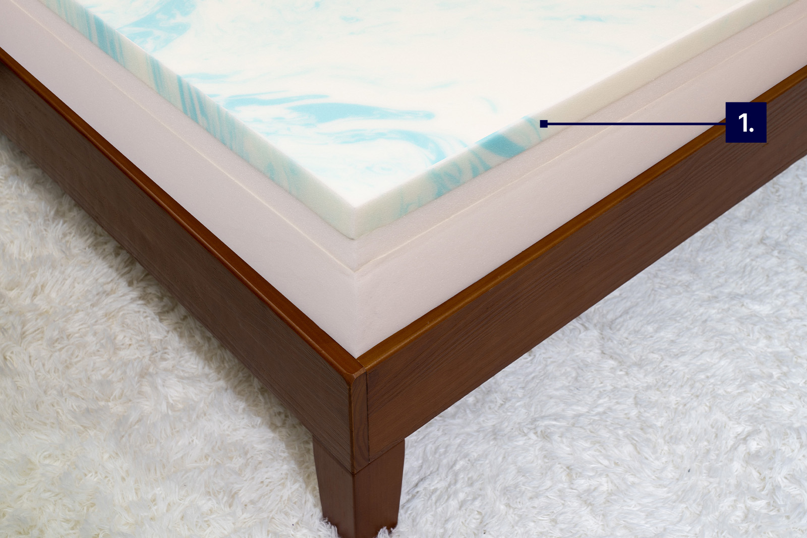 photo of the SS Foam mattress taken from a top front corner angle with labels to demonstrate its cooling features