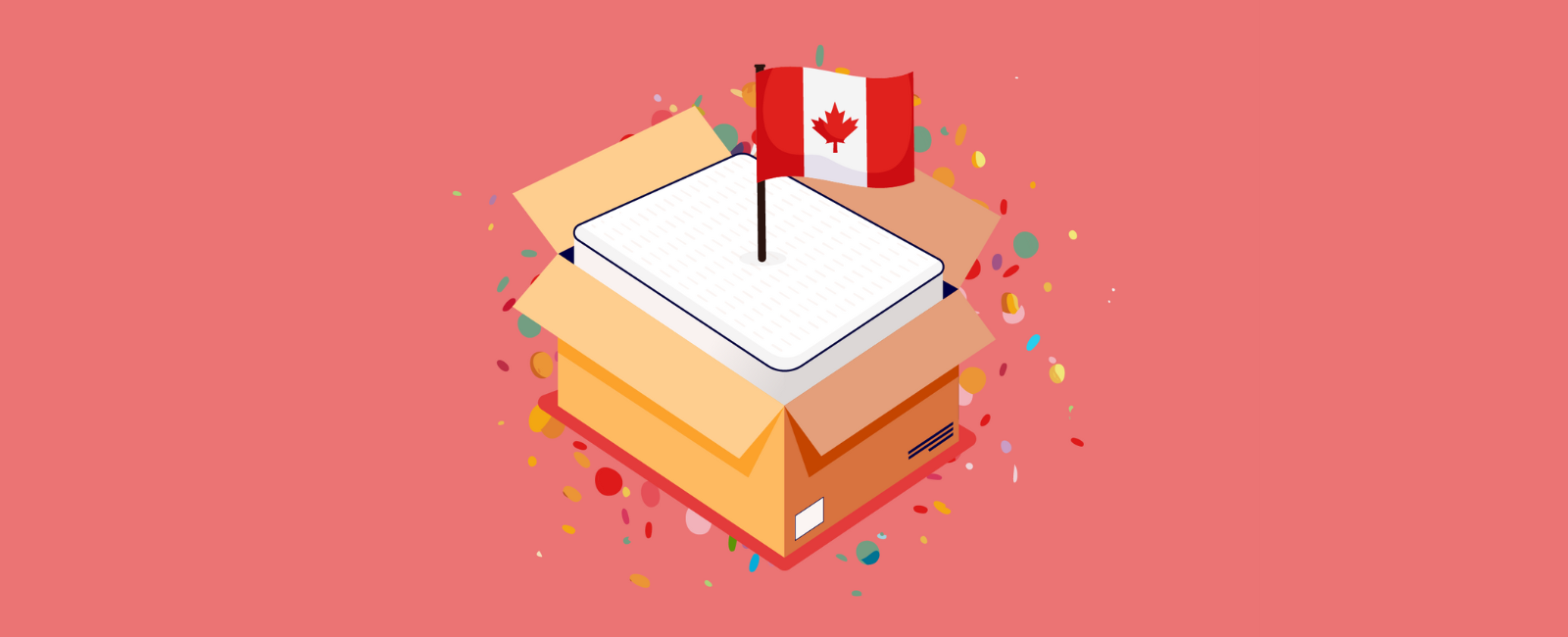 canadian mattress brands hero image showing a mattress in a box with a Canadian flag and confetti