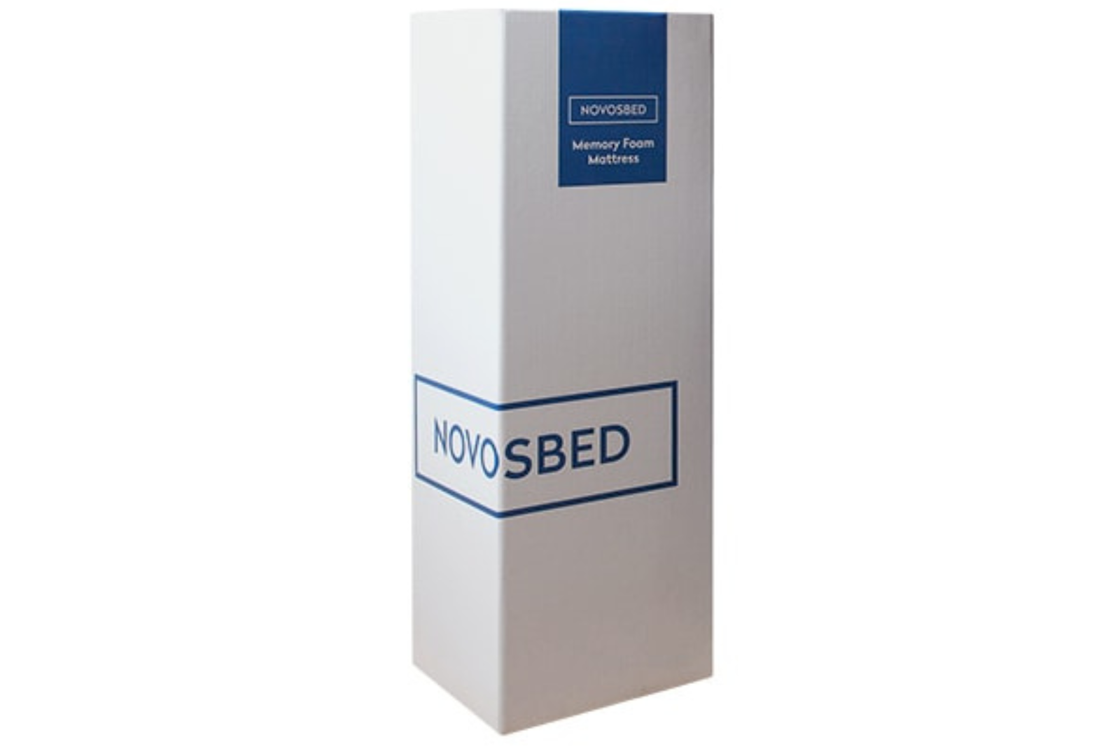 Photo of the Novosbed Mattress box on the floor in a bedroom taken from a front angle.